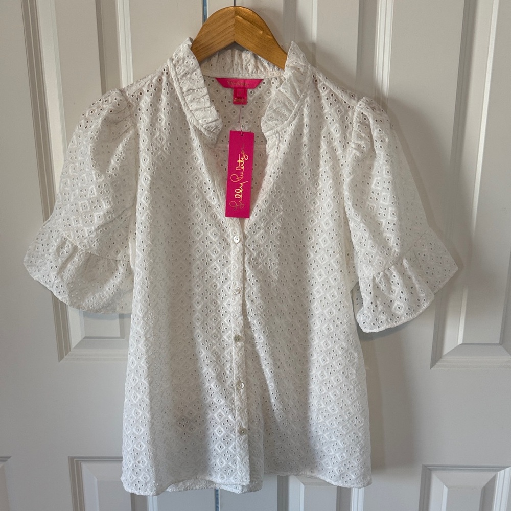 Lilly Pulitzer White Eyelet Ruffle Sleeve Button-Front Top